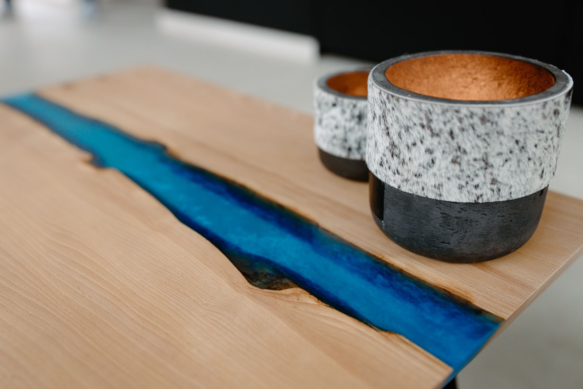 Deep blue resin in walnut